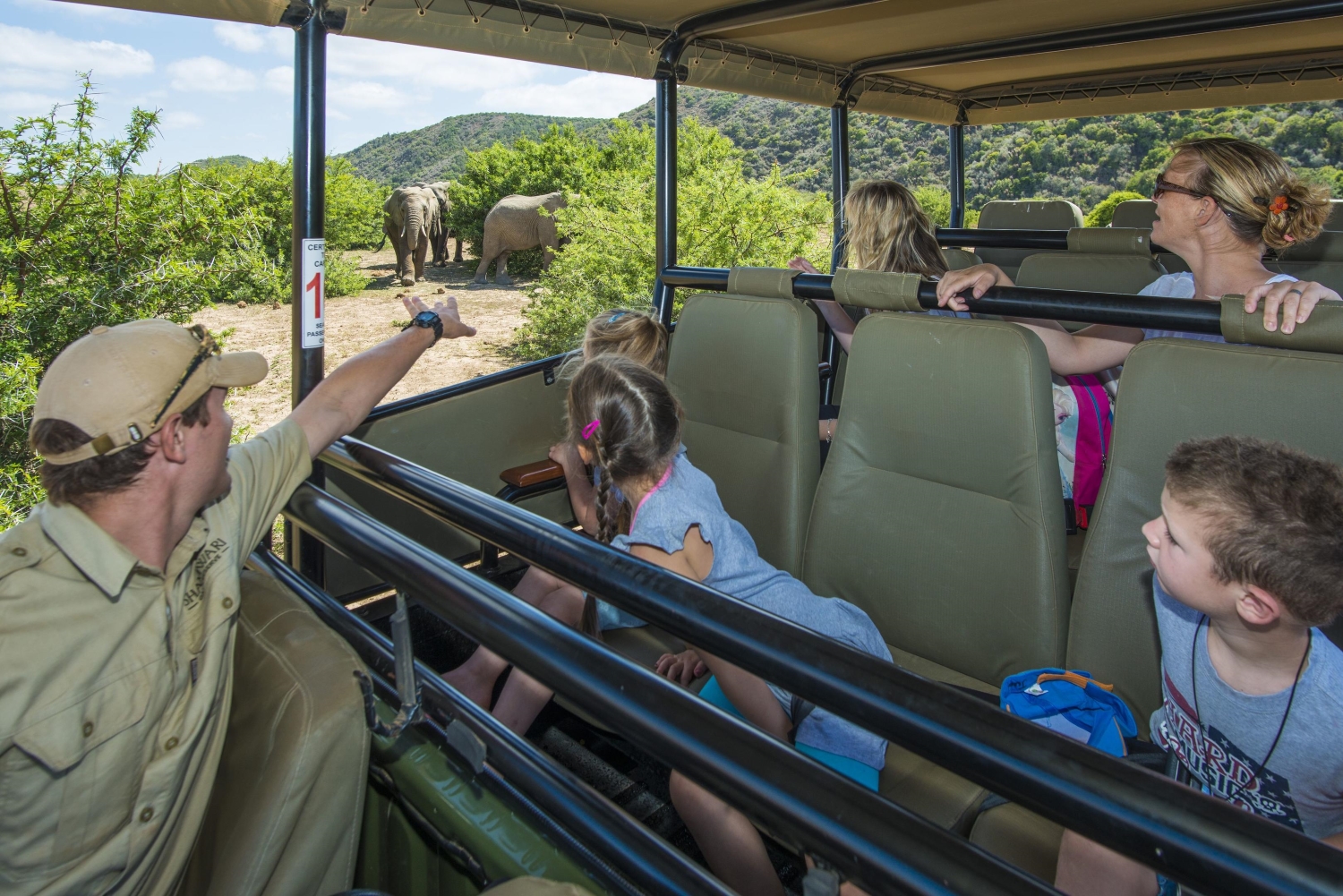 2-Shamwari-Riverdene-Family-Lodge-family A safari guide points toward two elephants grazing near the bushes as a family, including children, excitedly looks on from their open safari vehicle.