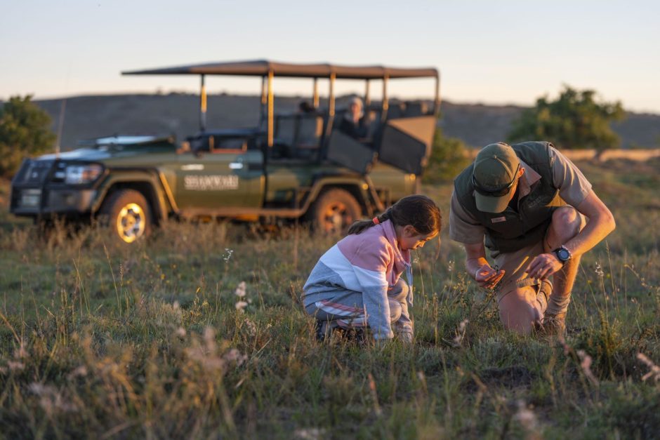 Shamwari-Riverdene-Family-Lodge-kids-on-safari A young girl and a safari guide crouch together in the grassy plains of a malaria-free game reserve, inspecting a small find on the ground with focused curiosity.